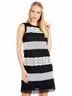 Kate Spade Black and White Floral Appliqué Lace Stripe Sleeveless Shift Dress